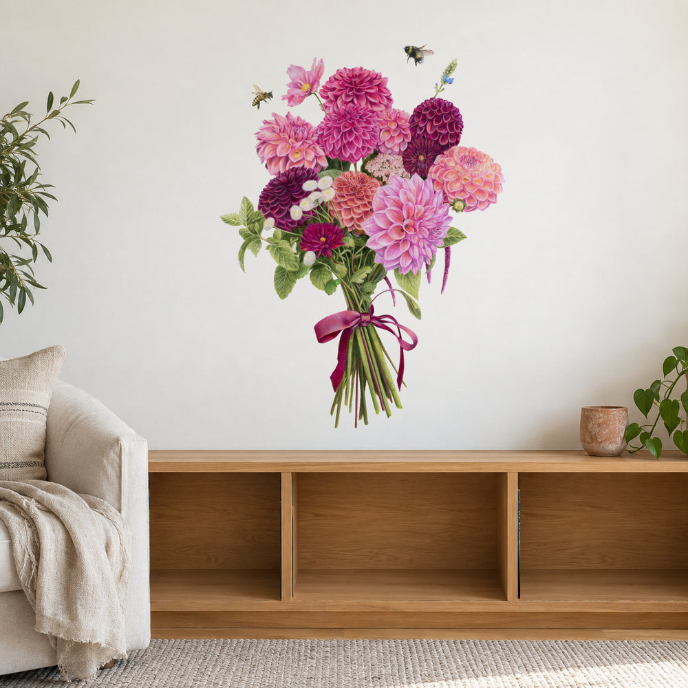 Dahlia Bouquet by Olivia Bezett, wall decal room mock-up in a living room above a low timber cabinet.