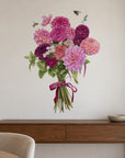 Dahlia Bouquet by Olivia Bezett, wall decal room mock-up in a room above a timber console.