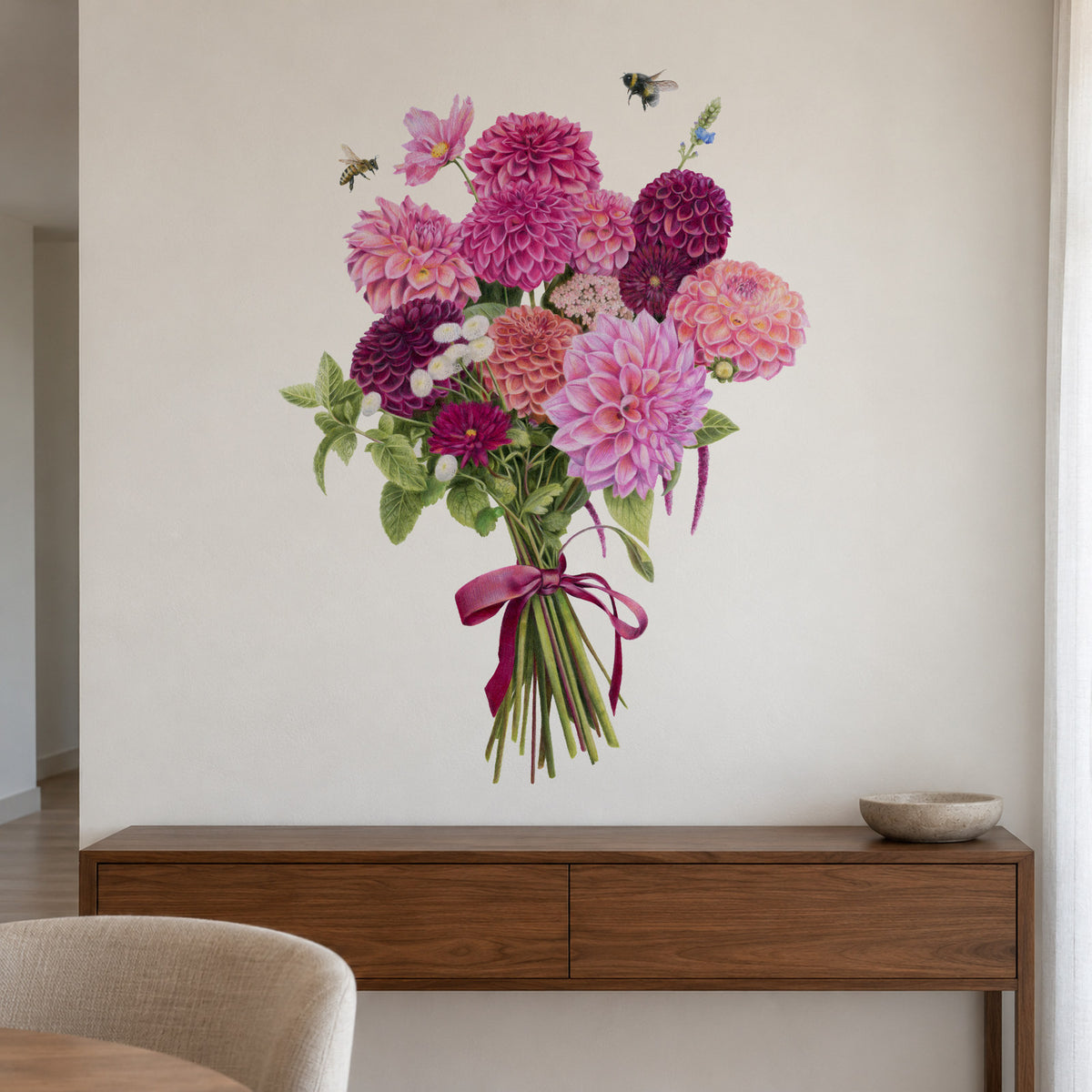Dahlia Bouquet by Olivia Bezett, wall decal room mock-up in a room above a timber console.
