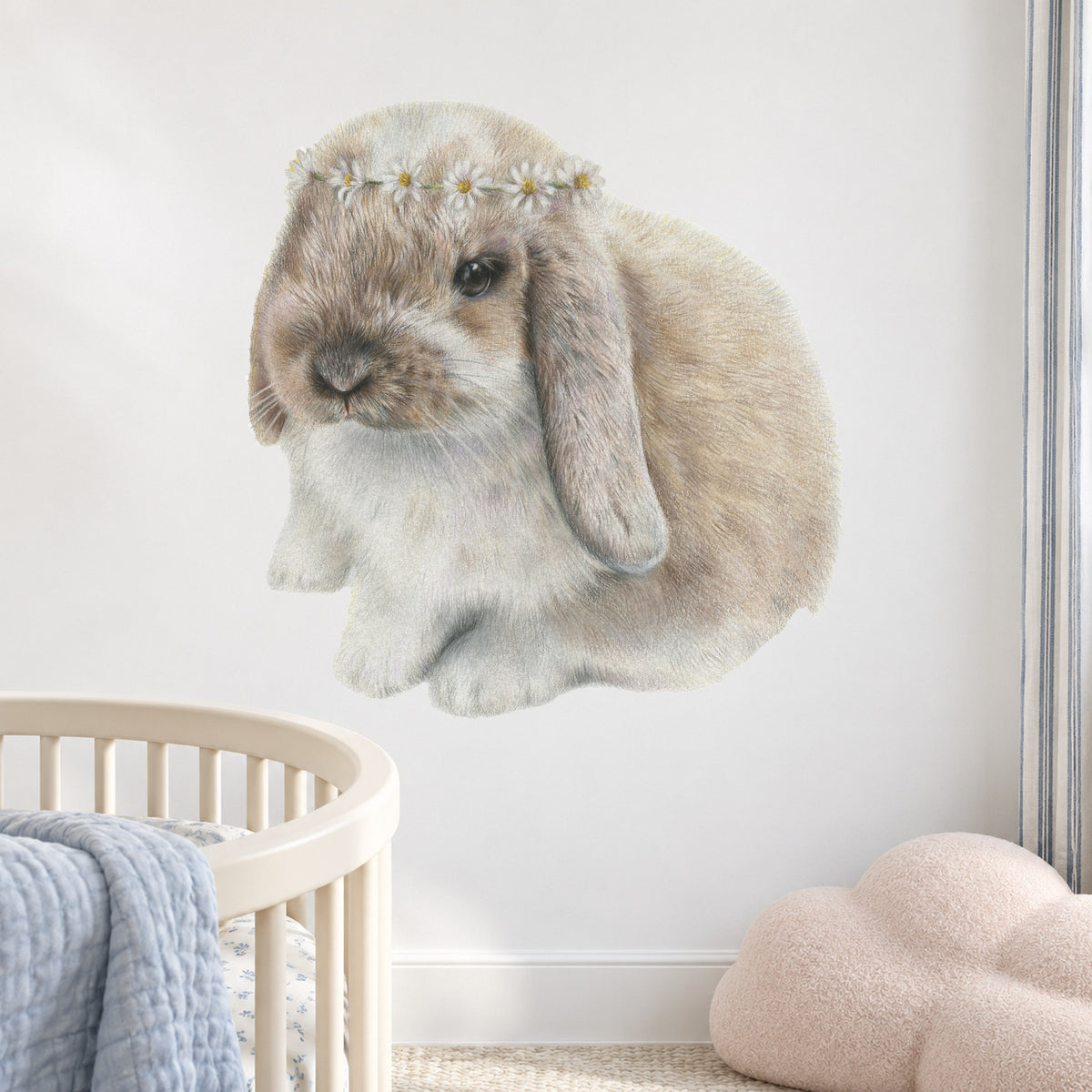 Daisy Bunny by Olivia Bezett, wall decal room mock-up in a nursery with pale timber furniture.