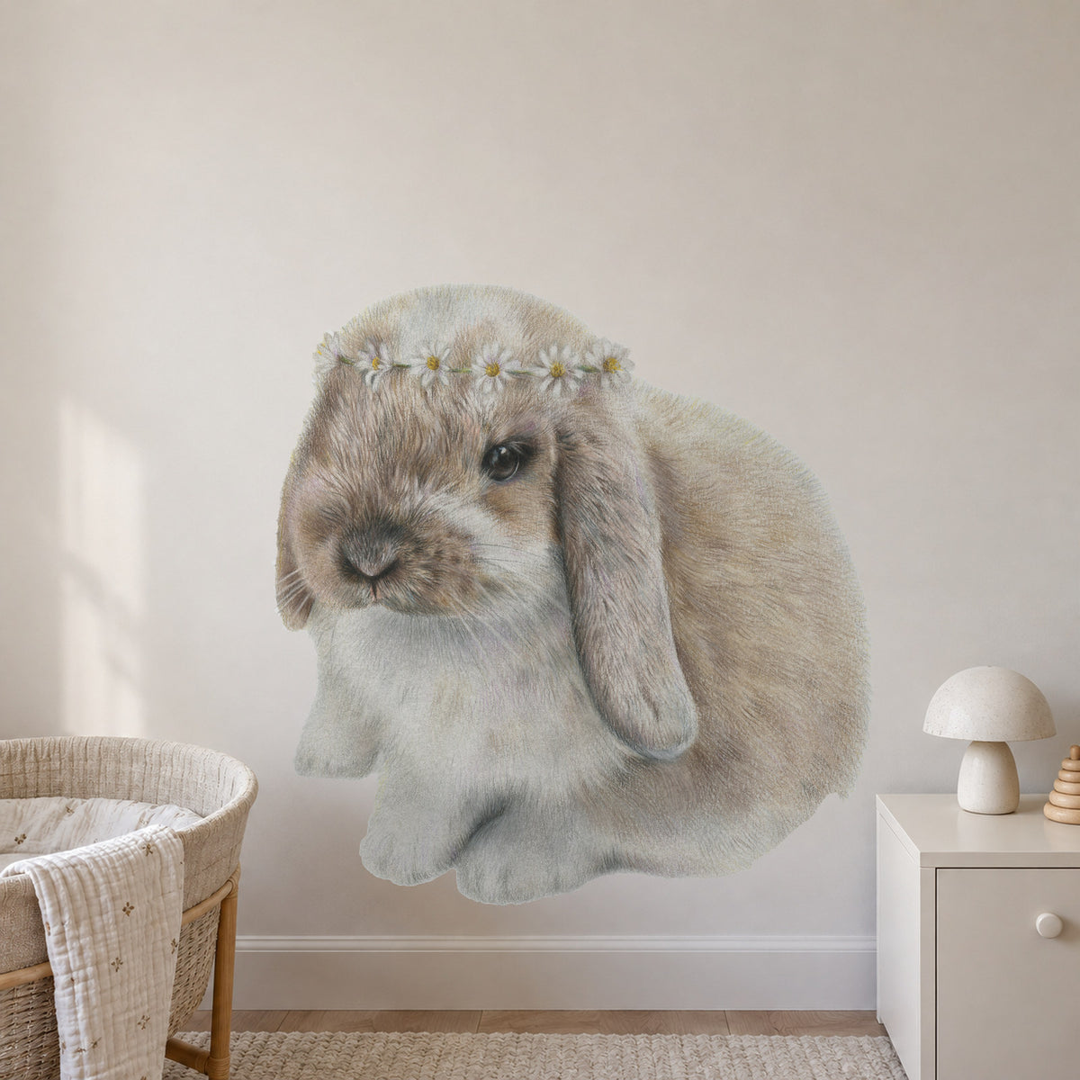 Daisy Bunny by Olivia Bezett, wall decal room mock-up in a nursery above a low cabinet.