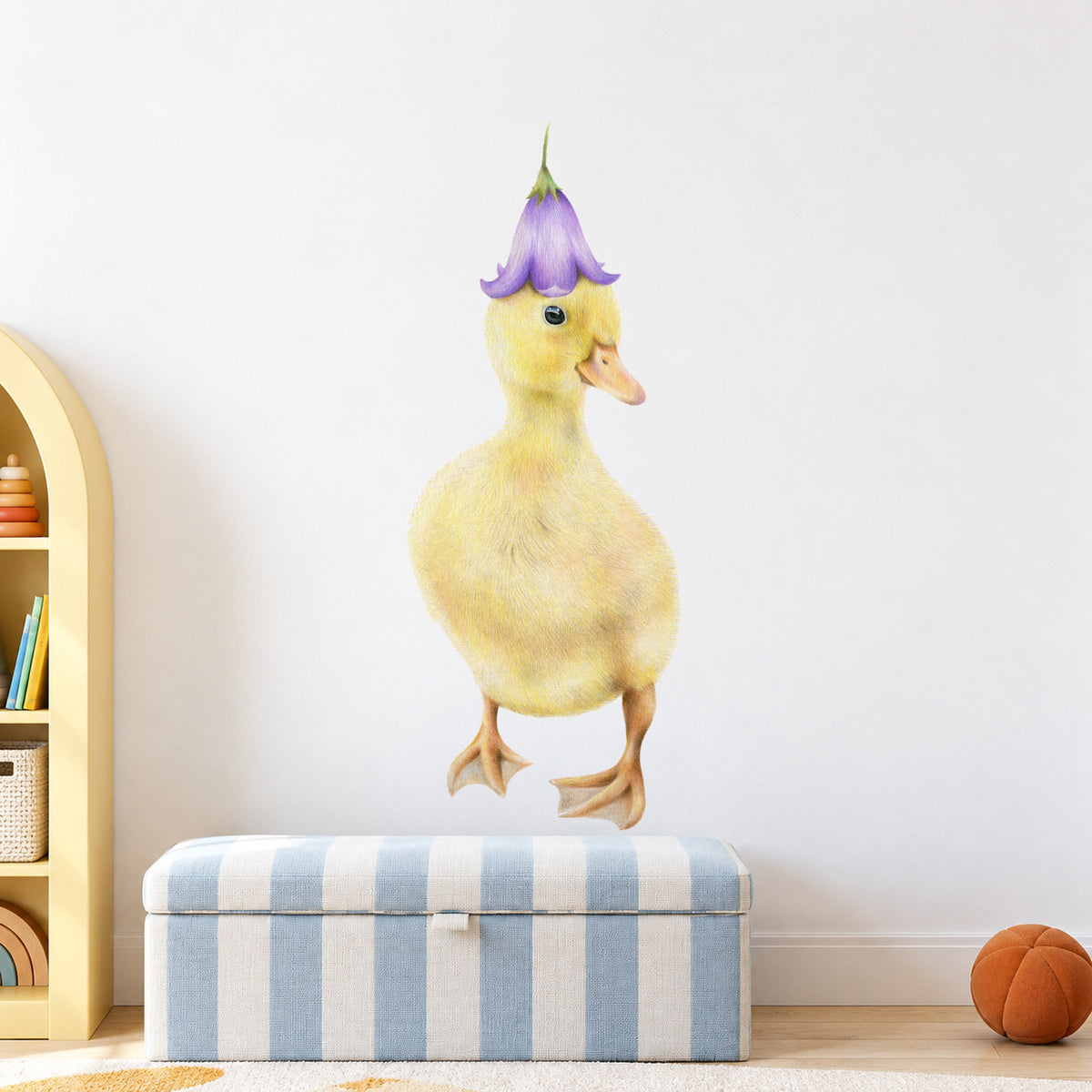 Duckling by Olivia Bezett, wall decal room mock-up in a child’s room above a striped bench.