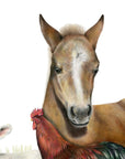 Farm Friends by Olivia Bezett, original artwork detail showing the horse and a red-combed chicken.