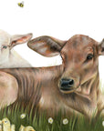 Farm Friends by Olivia Bezett, original artwork detail showing the calf and neighbouring farm animals.