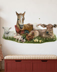 Farm Friends by Olivia Bezett, wall decal room mock-up in a child’s room above a red bench.