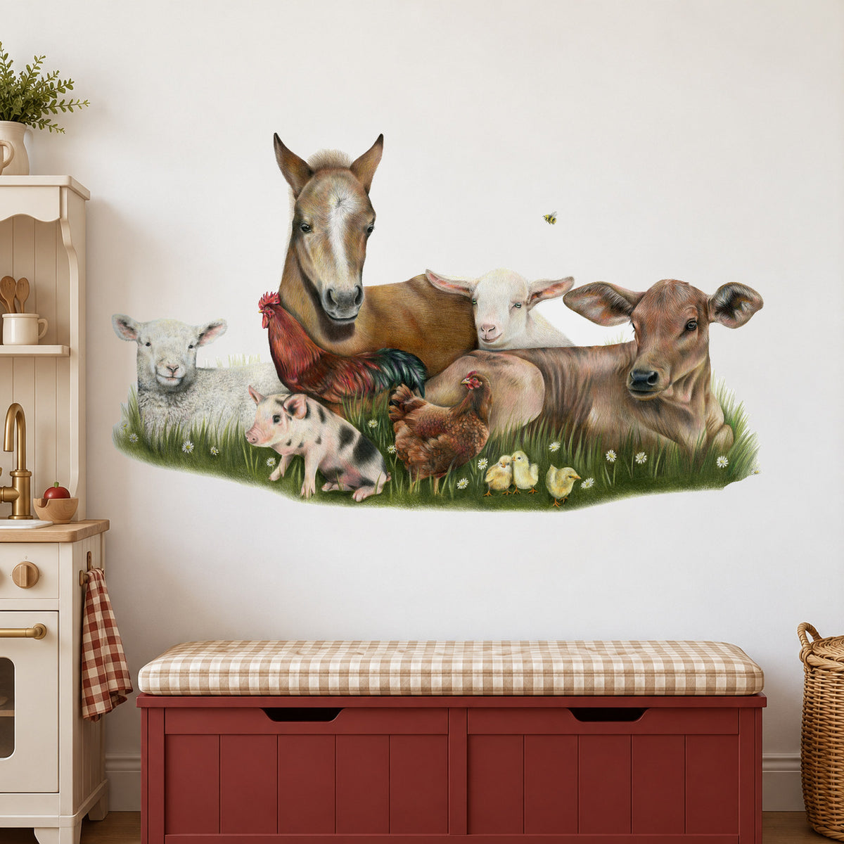 Farm Friends by Olivia Bezett, wall decal room mock-up in a child’s room above a red bench.