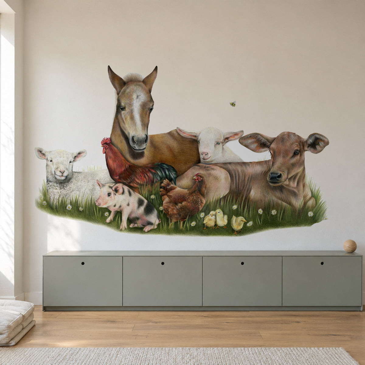 Farm Friends by Olivia Bezett, wall decal room mock-up in a room above a pale green cabinet.