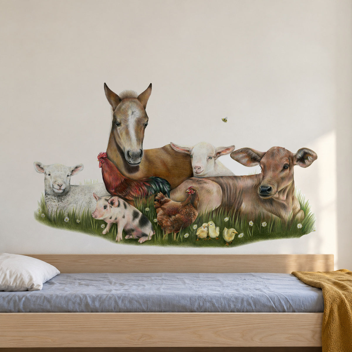 Farm Friends by Olivia Bezett, wall decal room mock-up in a bedroom above a blue daybed.