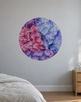 Hydrangeas by Olivia Bezett, mural dot room mock-up in a bedroom beside a bedside cabinet.
