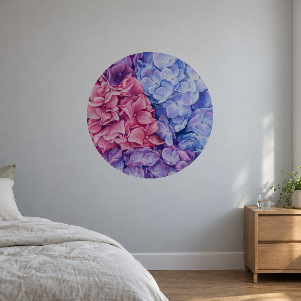 Hydrangeas by Olivia Bezett, mural dot room mock-up in a bedroom beside a bedside cabinet.