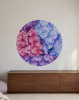 Hydrangeas by Olivia Bezett, mural dot room mock-up in a room above a timber sideboard.