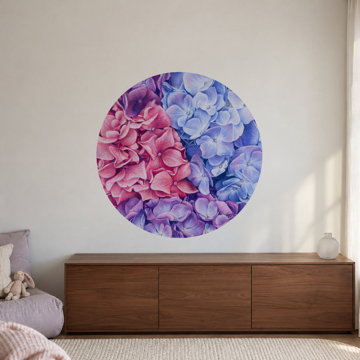 Hydrangeas by Olivia Bezett, mural dot room mock-up in a room above a timber sideboard.