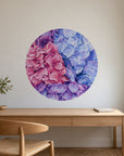 Hydrangeas by Olivia Bezett, mural dot room mock-up in a study above a timber desk.