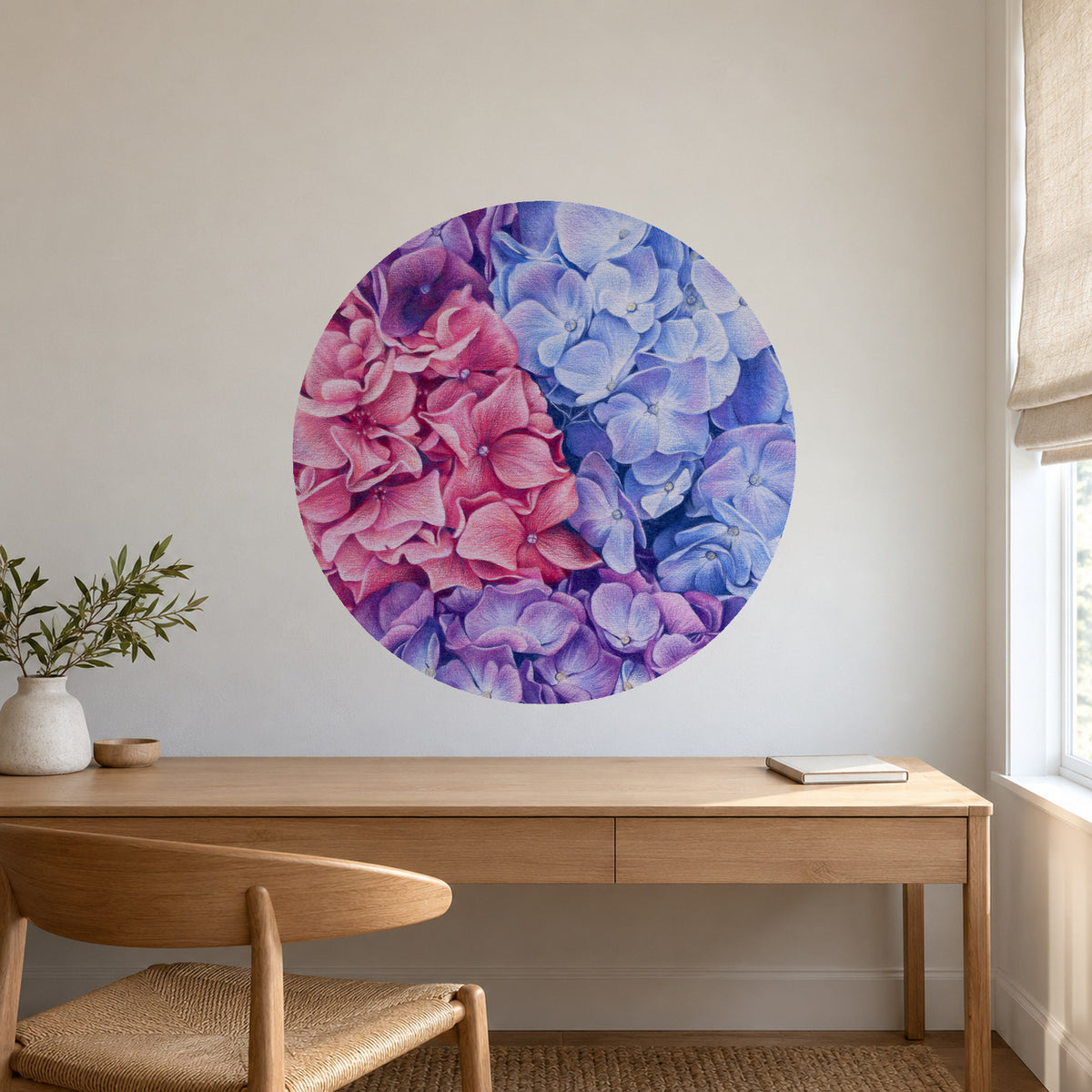 Hydrangeas by Olivia Bezett, mural dot room mock-up in a study above a timber desk.