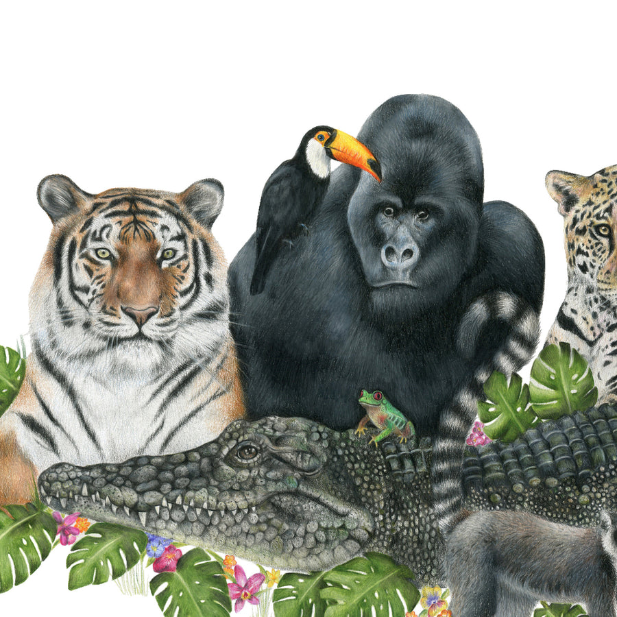 Jungle Friends by Olivia Bezett, original artwork detail showing the tiger, gorilla and foreground crocodile.