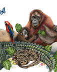 Jungle Friends by Olivia Bezett, original artwork detail showing the orangutans, macaw and coiled snake.