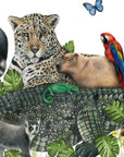Jungle Friends by Olivia Bezett, original artwork detail showing the spotted big cat, capybara and macaw.