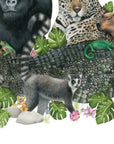 Jungle Friends by Olivia Bezett, original artwork detail showing the lemur, crocodile, chameleon and flowers.