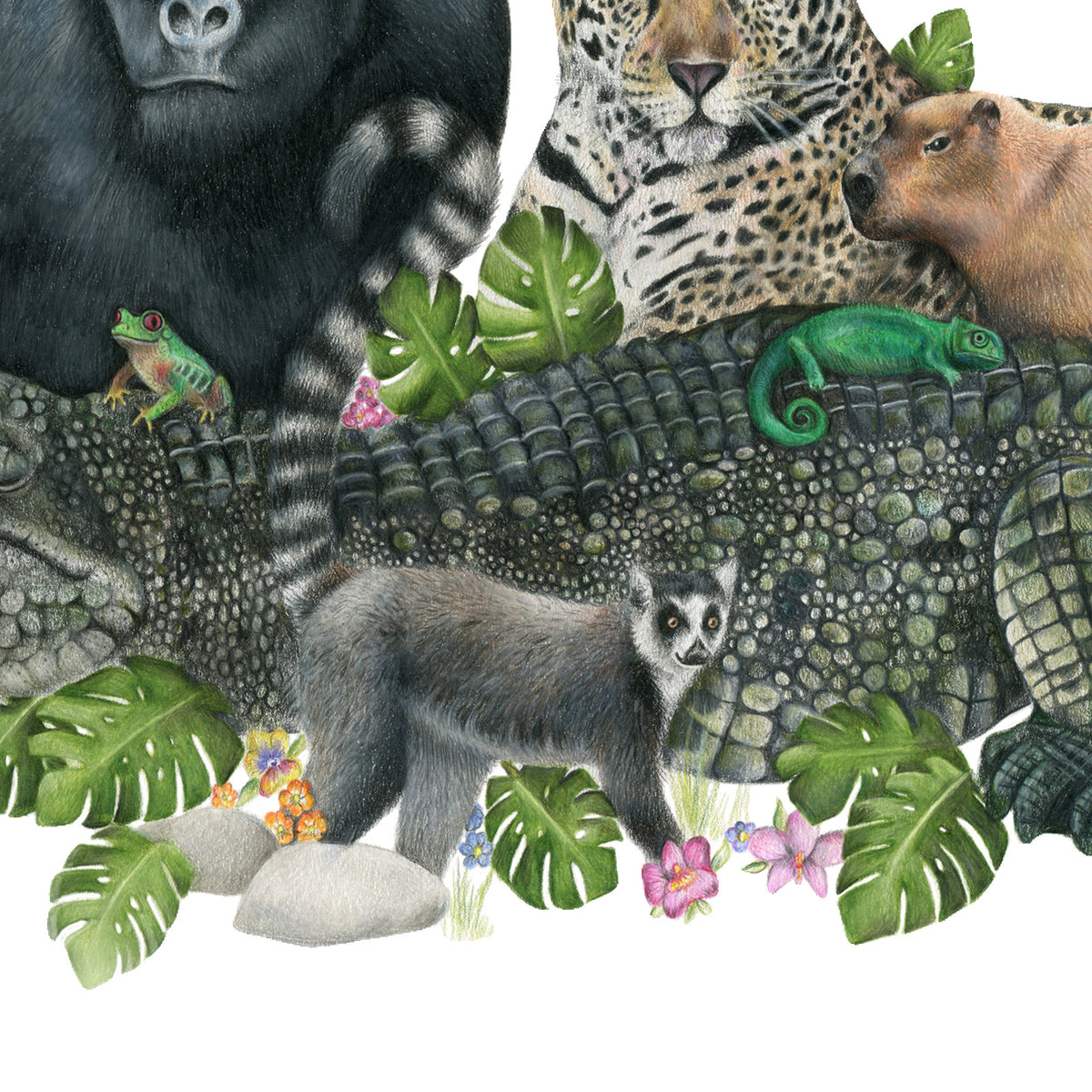 Jungle Friends by Olivia Bezett, original artwork detail showing the lemur, crocodile, chameleon and flowers.