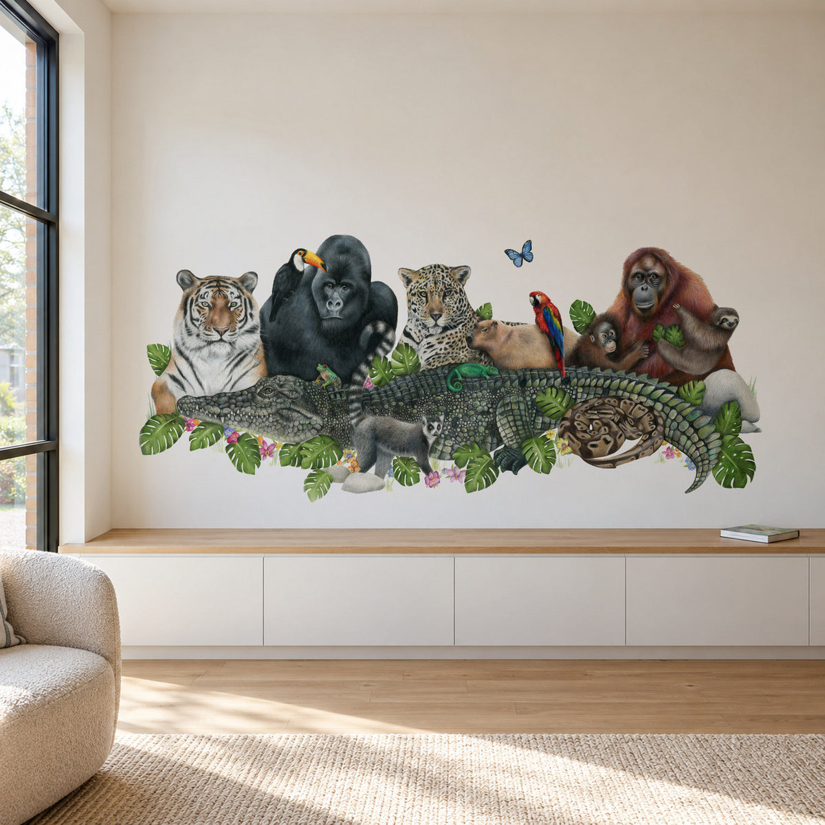 Jungle Friends by Olivia Bezett, wall mural room mock-up in a living room above a low timber bench.