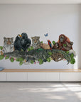 Jungle Friends by Olivia Bezett, wall mural room mock-up in a wide room above a long pale blue bench.
