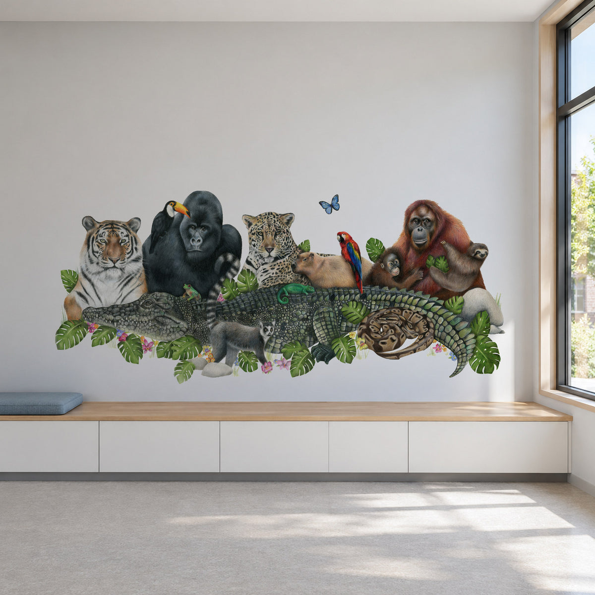 Jungle Friends by Olivia Bezett, wall mural room mock-up in a wide room above a long pale blue bench.