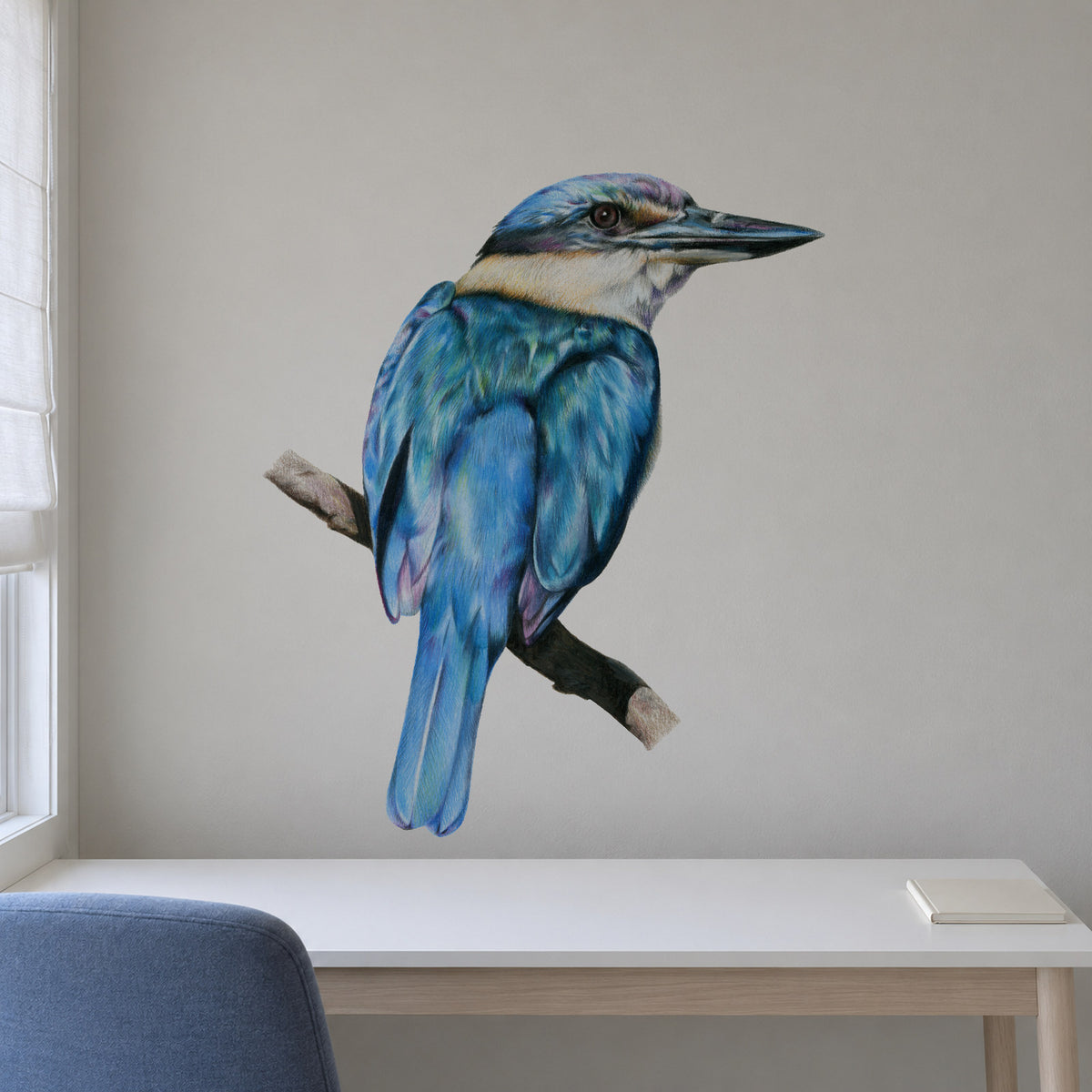 Kōtare by Olivia Bezett, wall decal room mock-up in a room above a low white cabinet.