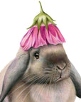 Rabbit with Flower Hat by Olivia Bezett, original artwork detail showing the pink flower hat and rabbit’s face.