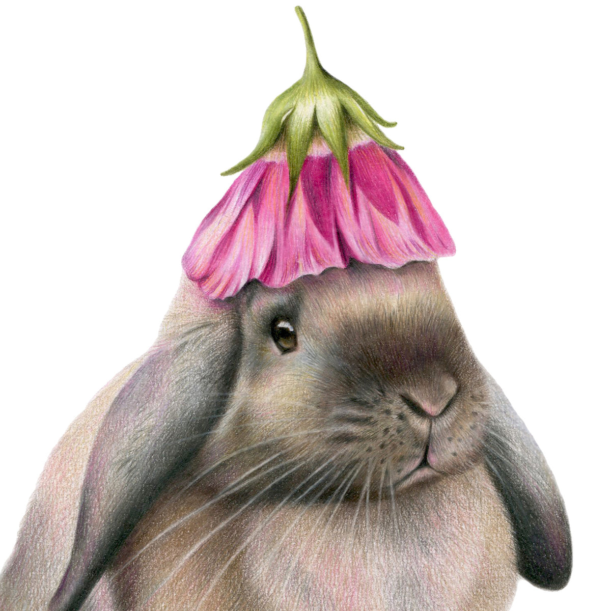 Rabbit with Flower Hat by Olivia Bezett, original artwork detail showing the pink flower hat and rabbit’s face.