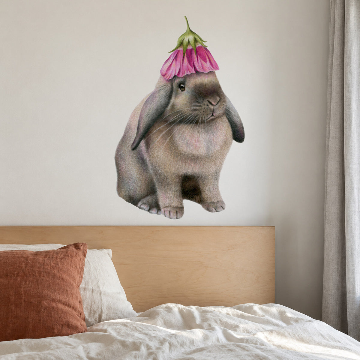 Rabbit with Flower Hat by Olivia Bezett, wall decal room mock-up in a bedroom above a timber headboard.