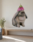 Rabbit with Flower Hat by Olivia Bezett, wall decal room mock-up in a reading corner above a timber bench.