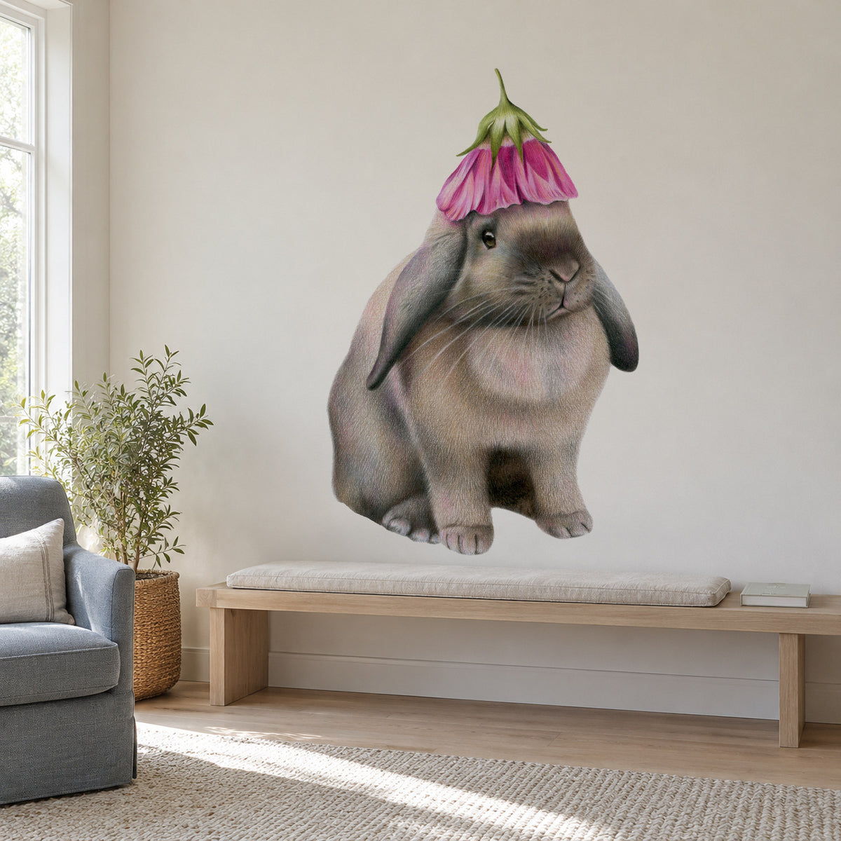 Rabbit with Flower Hat by Olivia Bezett, wall decal room mock-up in a reading corner above a timber bench.