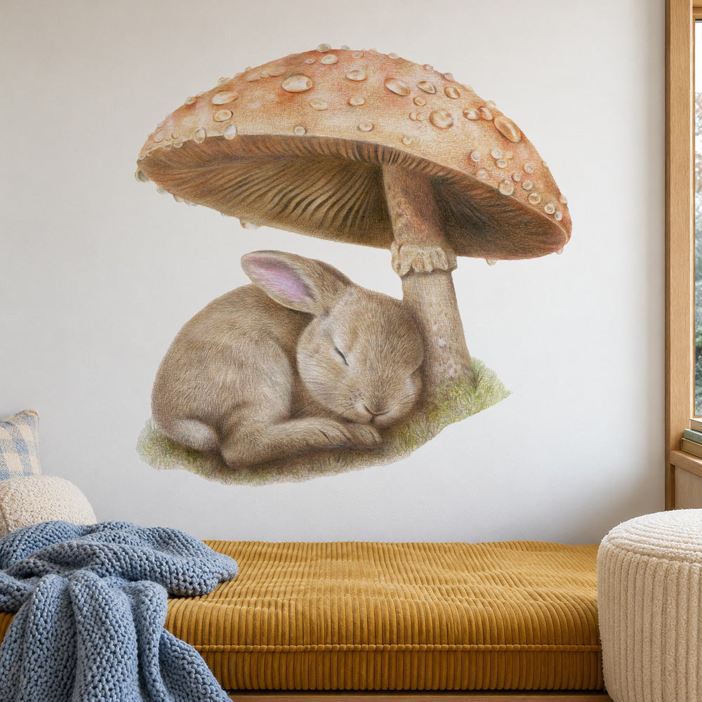 Rainy Woodland Hideaway by Olivia Bezett, wall decal room mock-up in a reading corner above a mustard sofa.
