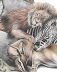 Safari Sleepers by Olivia Bezett, original artwork detail showing the lion, zebra and neighbouring animals.