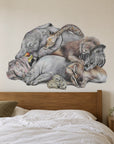 Safari Sleepers by Olivia Bezett, wall decal room mock-up in a bedroom above a timber bed.