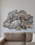 Safari Sleepers by Olivia Bezett, wall decal room mock-up in a living room above a grey sofa.