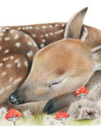 Sleeping Doe by Olivia Bezett, original artwork detail showing the spotted deer’s sleeping face.