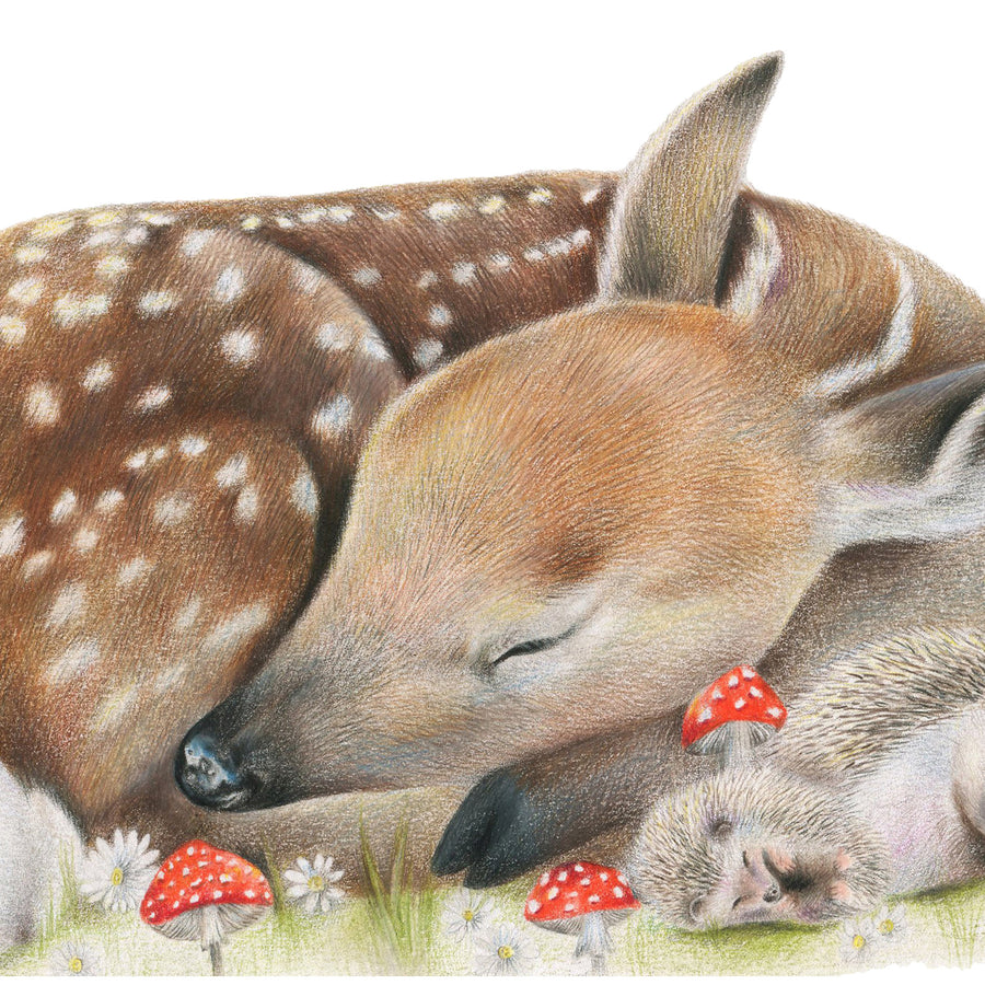 Sleeping Doe by Olivia Bezett, original artwork detail showing the spotted deer’s sleeping face.