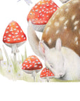 Sleeping Doe by Olivia Bezett, original artwork detail showing the white rabbit and red mushrooms.