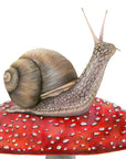 Snail on Mushroom by Olivia Bezett, original artwork detail showing the snail’s shell, body and feelers.