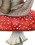 Snail on Mushroom by Olivia Bezett, original artwork detail showing the snail on the red, white-speckled mushroom.