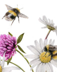 Wildflower Bees by Olivia Bezett, original artwork detail showing a hovering bee and the outer wildflowers.