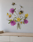 Wildflower Bees by Olivia Bezett, wall decal room mock-up in a room above a low white cabinet.