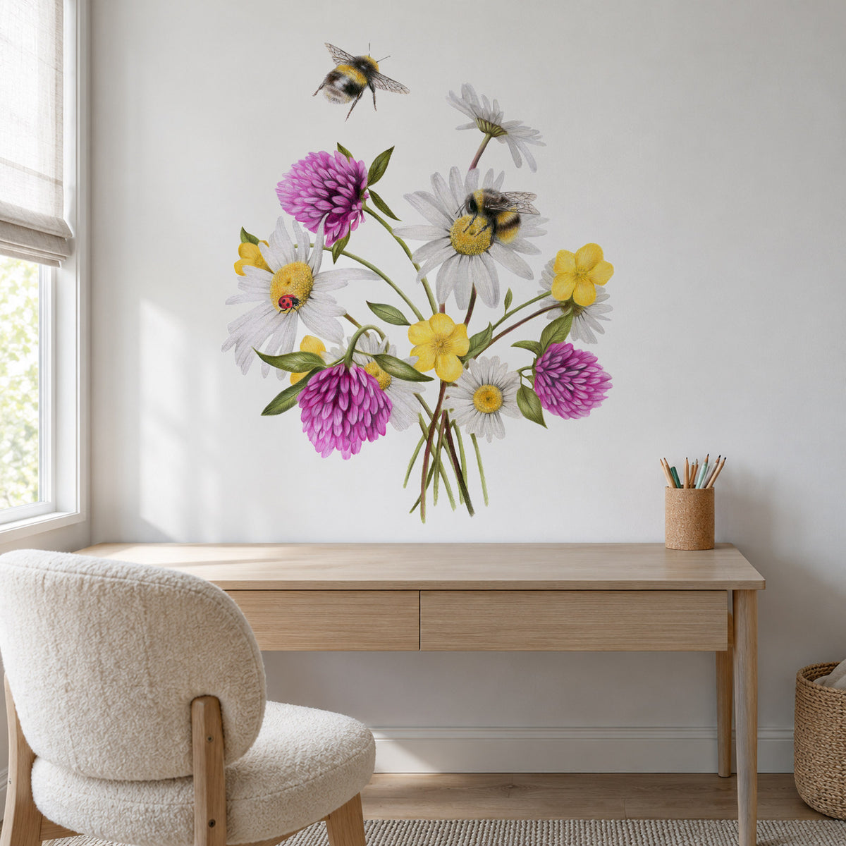Wildflower Bees by Olivia Bezett, wall decal room mock-up in a study above a timber desk.
