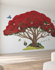 Complete flowering pōhutukawa tree wall decal with swing and birds in a coastal room.