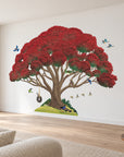 Pōhutukawa with Swing and Birds wall decal in a gentle-angle room visualisation, with the artwork base just above the skirting. Crisp original artwork detail.