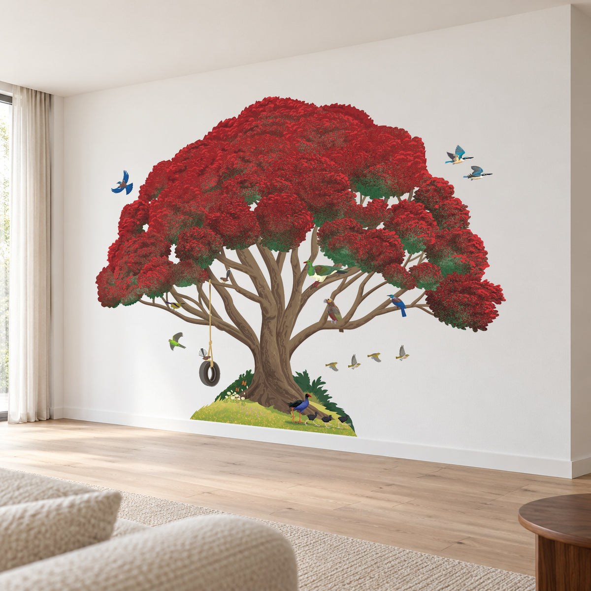 Pōhutukawa with Swing and Birds wall decal in a gentle-angle room visualisation, with the artwork base just above the skirting. Crisp original artwork detail.