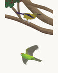 Artwork detail visualisation – Pōhutukawa with Swing and Birds – Korimako / bellbird and kākāriki – straight-on original artwork
