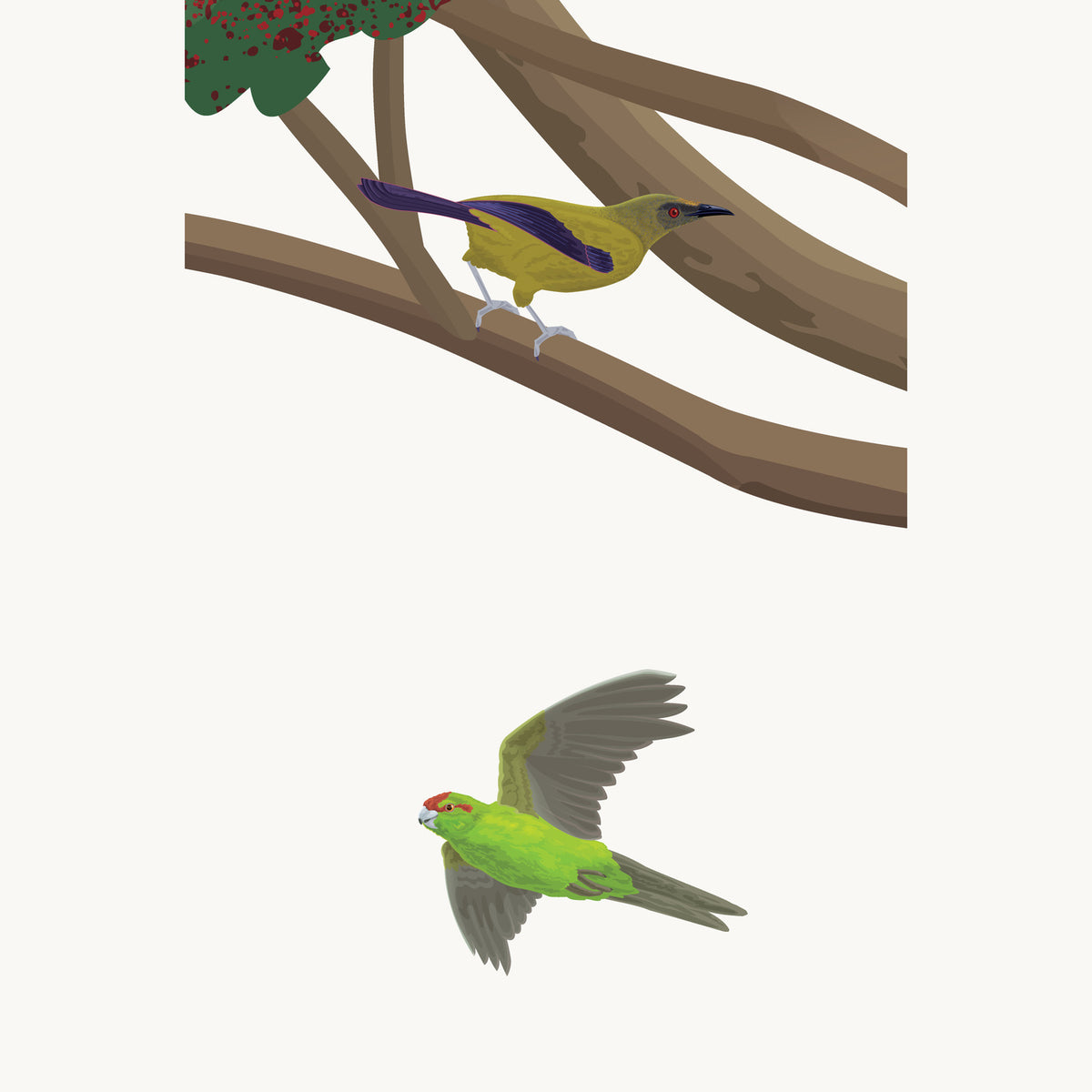 Artwork detail visualisation – Pōhutukawa with Swing and Birds – Korimako / bellbird and kākāriki – straight-on original artwork