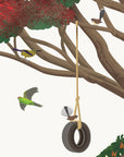 Artwork detail visualisation – Pōhutukawa with Swing and Birds – Fantails, swing, bellbird and kākāriki – straight-on original artwork